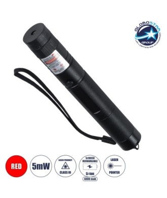 GLOBOSTAR® HANDLAMP 78996 Laser Pointer Χειρός 5Mw 1° DC 5V με Επαναφορτιζόμενη Μπαταρία Li-ion 3.7V 1x18650 4800mAh IP20 Κόκκινο 650nm - Μ15 x Π2.2 x Υ2.2cm - 1 Χρόνο Εγγύηση